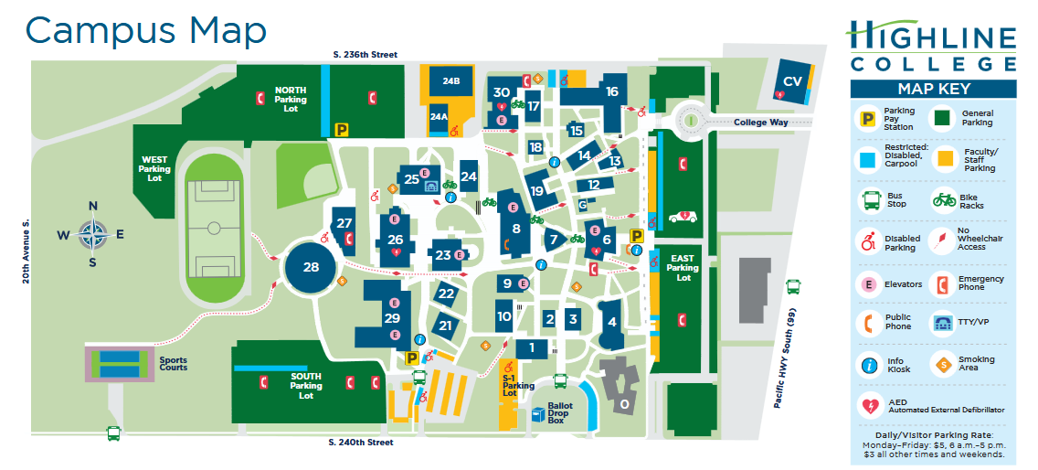 A map of Highline College with a map key